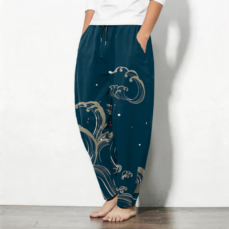 Buddha Stones Pantaloni da uomo affusolati in puro cotone con coulisse e tasche, con motivo a onde marine. - image 1