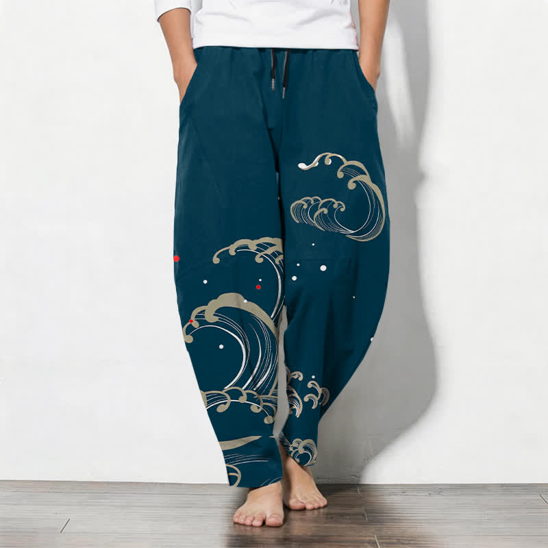 Buddha Stones Pantaloni da uomo affusolati in puro cotone con coulisse e tasche, con motivo a onde marine. - Verde acqua - US/UK/AU50, EU60 (5XL) - image 0