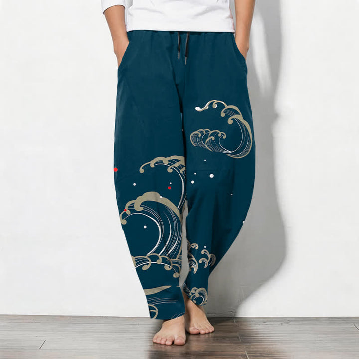 Buddha Stones Pantaloni da uomo affusolati in puro cotone con coulisse e tasche, con motivo a onde marine. - Verde acqua - US/UK/AU50, EU60 (5XL) - image 0