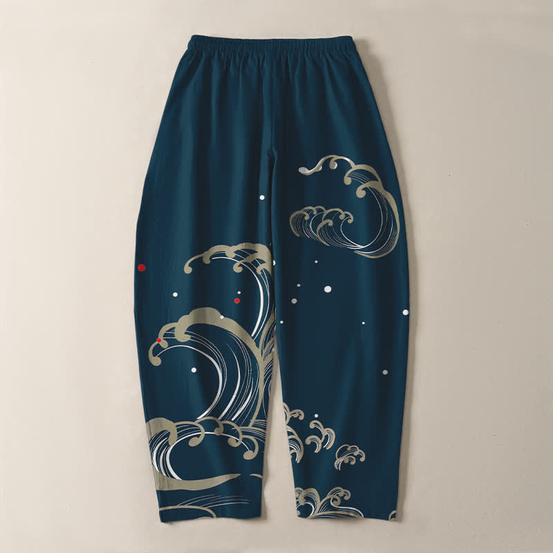 Buddha Stones Pantaloni da uomo affusolati in puro cotone con coulisse e tasche, con motivo a onde marine. - image 3