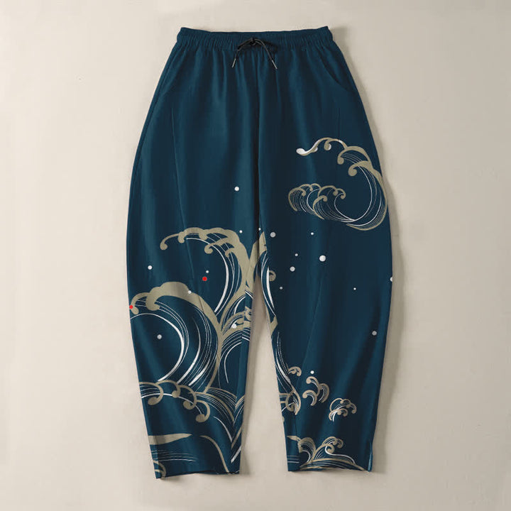 Buddha Stones Pantaloni da uomo affusolati in puro cotone con coulisse e tasche, con motivo a onde marine. - image 2