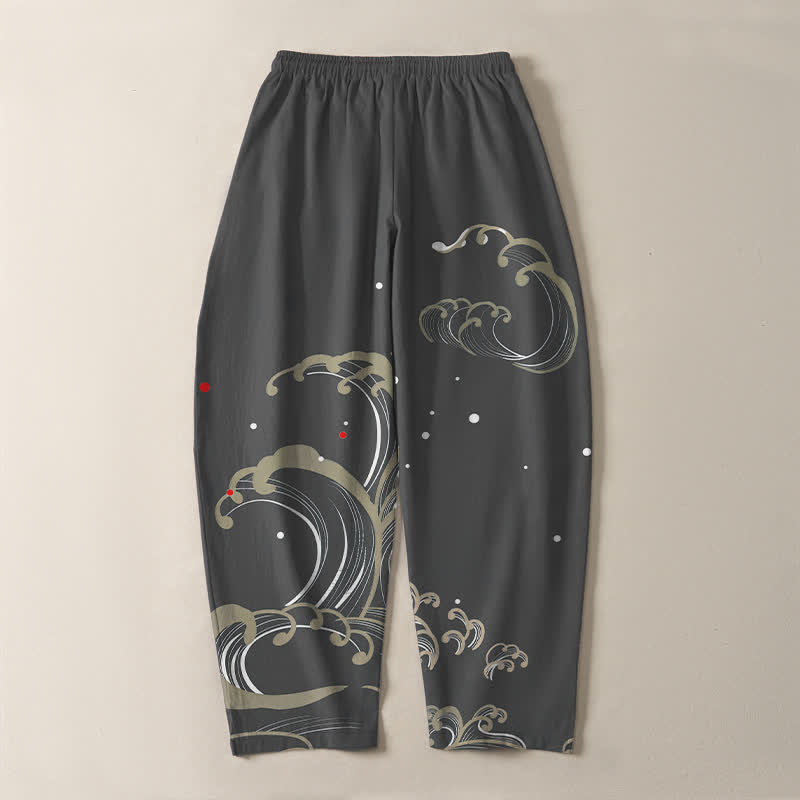 Buddha Stones Pantaloni da uomo affusolati in puro cotone con coulisse e tasche, con motivo a onde marine. - image 10
