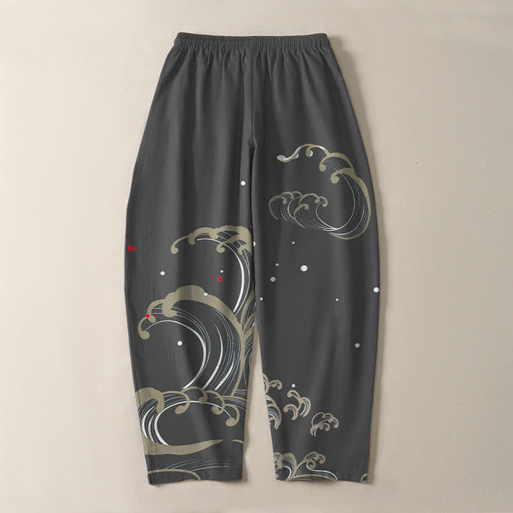 Buddha Stones Pantaloni da uomo affusolati in puro cotone con coulisse e tasche, con motivo a onde marine. - image 10