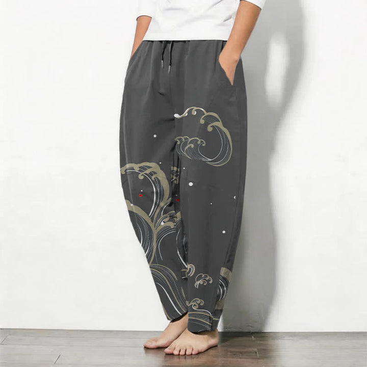 Buddha Stones Pantaloni da uomo affusolati in puro cotone con coulisse e tasche, con motivo a onde marine. - image 8