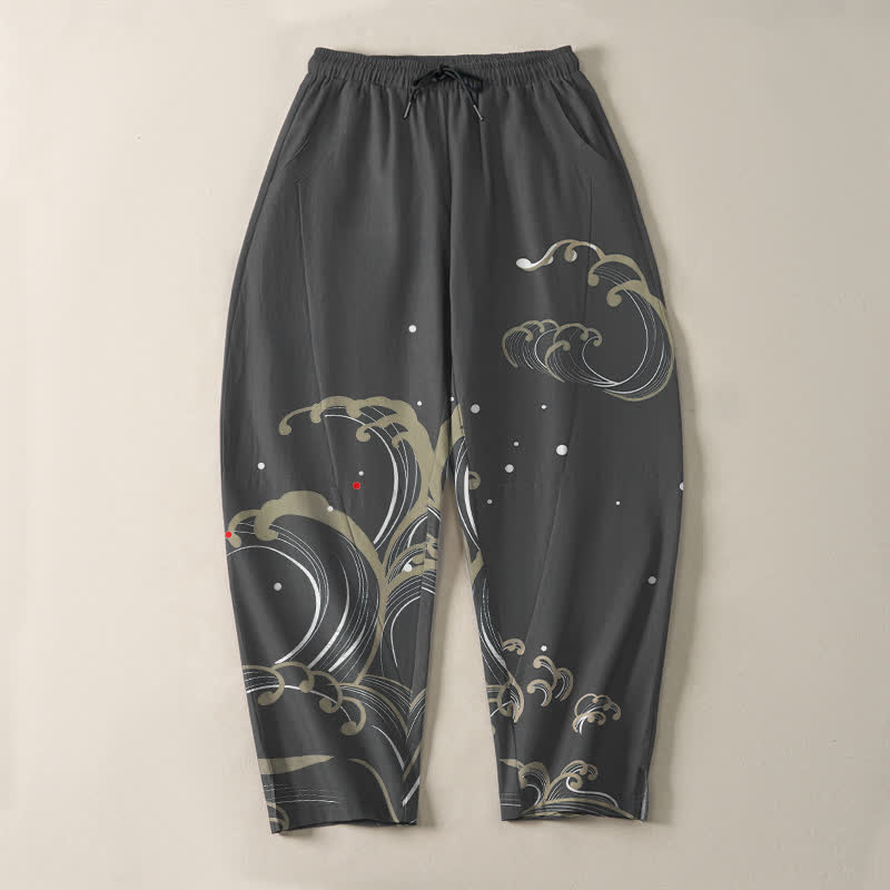 Buddha Stones Pantaloni da uomo affusolati in puro cotone con coulisse e tasche, con motivo a onde marine. - image 9