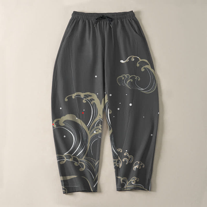 Buddha Stones Pantaloni da uomo affusolati in puro cotone con coulisse e tasche, con motivo a onde marine. - image 9