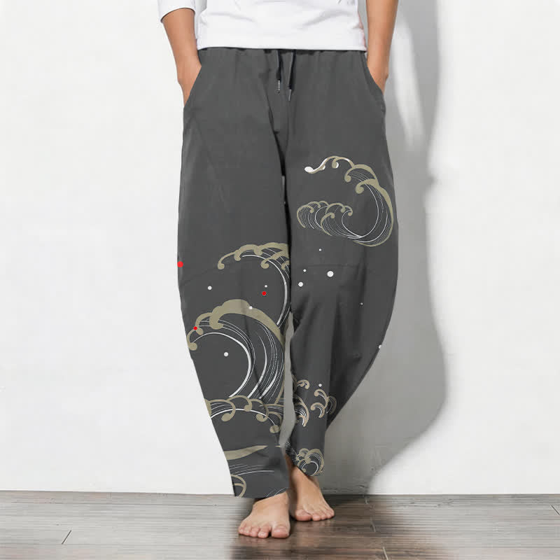 Buddha Stones Pantaloni da uomo affusolati in puro cotone con coulisse e tasche, con motivo a onde marine. - Grigio tenue - US/UK/AU50, EU60 (5XL) - image 7