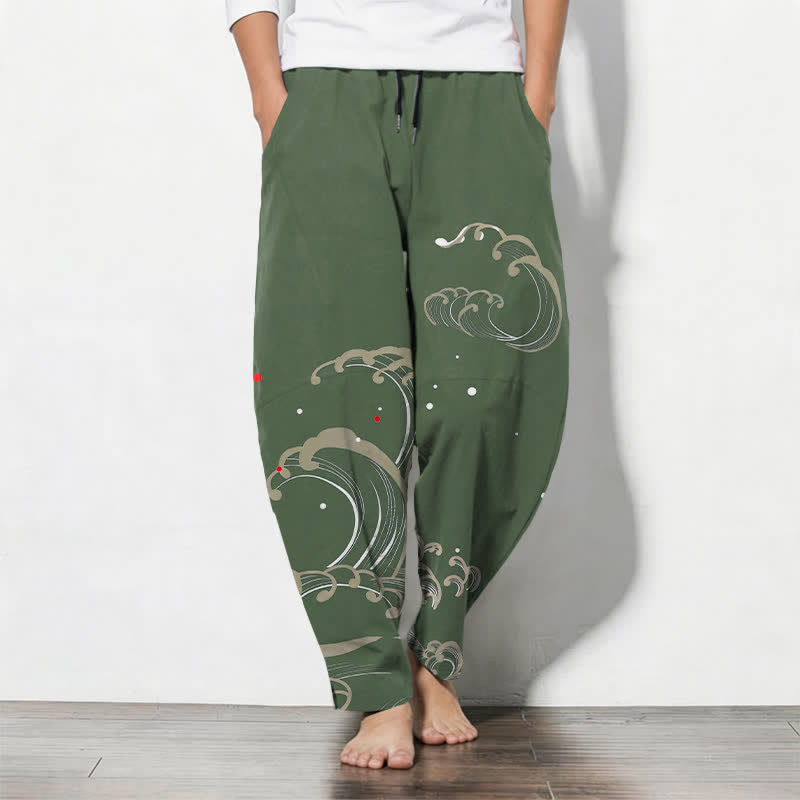 Buddha Stones Pantaloni da uomo affusolati in puro cotone con coulisse e tasche, con motivo a onde marine. - Verde oliva scuro - US/UK/AU50, EU60 (5XL) - image 11