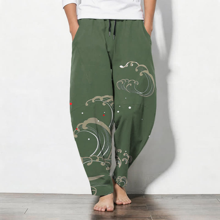 Buddha Stones Pantaloni da uomo affusolati in puro cotone con coulisse e tasche, con motivo a onde marine. - Verde oliva scuro - US/UK/AU50, EU60 (5XL) - image 11