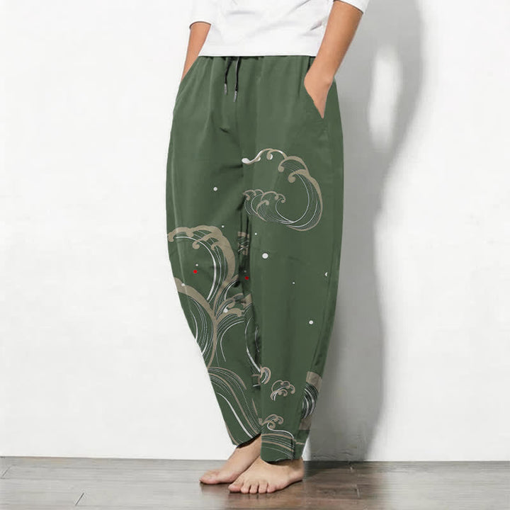 Buddha Stones Pantaloni da uomo affusolati in puro cotone con coulisse e tasche, con motivo a onde marine. - image 12