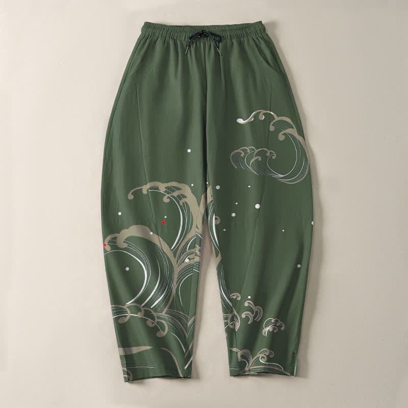 Buddha Stones Pantaloni da uomo affusolati in puro cotone con coulisse e tasche, con motivo a onde marine. - image 13