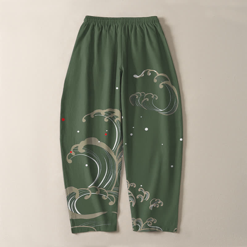 Buddha Stones Pantaloni da uomo affusolati in puro cotone con coulisse e tasche, con motivo a onde marine. - image 14
