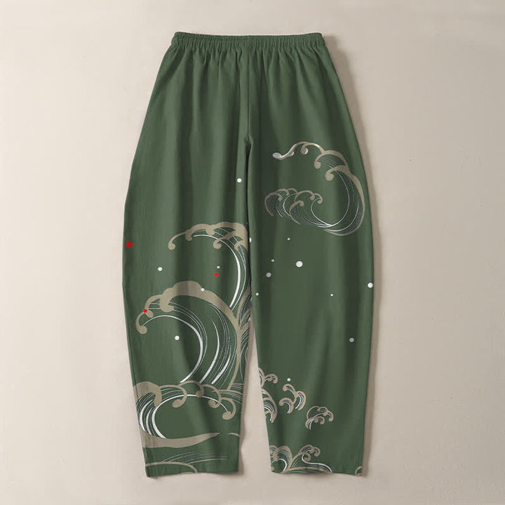Buddha Stones Pantaloni da uomo affusolati in puro cotone con coulisse e tasche, con motivo a onde marine. - image 14