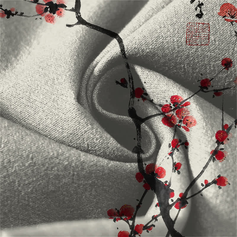 Buddha Stones Pantaloni da uomo affusolati con coulisse e tasche, in puro cotone, con motivo a fiori di pruno e scritta calligrafica. - image 6