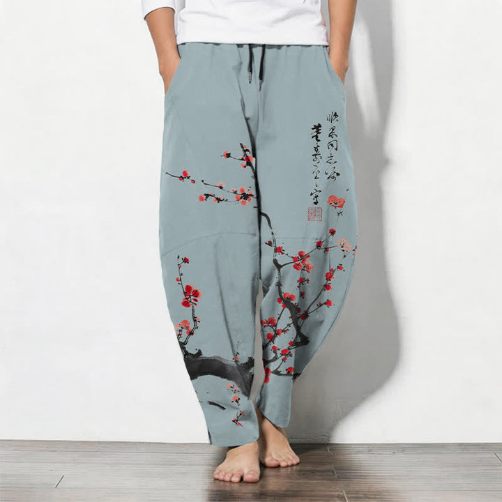 Buddha Stones Pantaloni da uomo affusolati con coulisse e tasche, in puro cotone, con motivo a fiori di pruno e scritta calligrafica. - Blu acciaio chiaro - US/UK/AU50, EU60 (5XL) - image 7