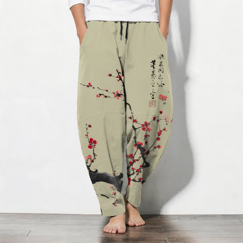 Buddha Stones Pantaloni da uomo affusolati con coulisse e tasche, in puro cotone, con motivo a fiori di pruno e scritta calligrafica. - Cachi scuro - US/UK/AU50, EU60 (5XL) - image 11