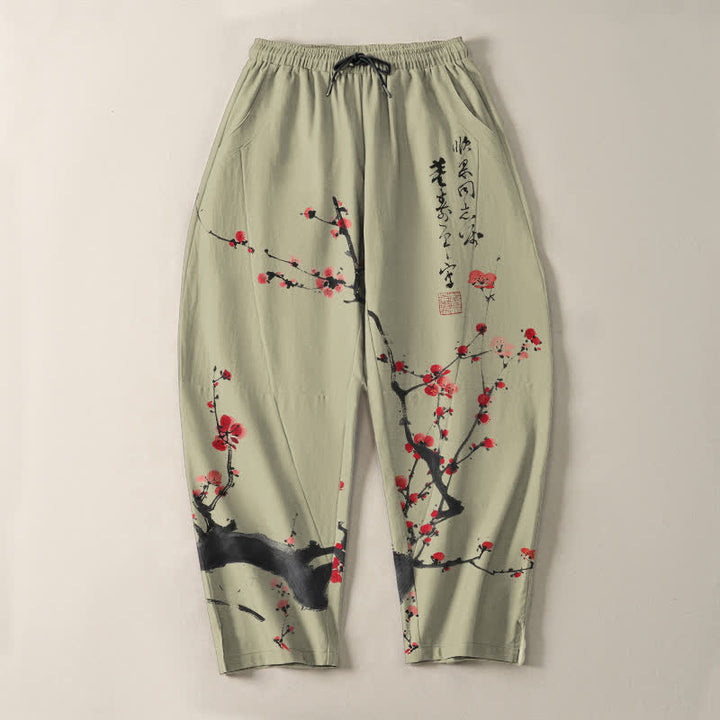 Buddha Stones Pantaloni da uomo affusolati con coulisse e tasche, in puro cotone, con motivo a fiori di pruno e scritta calligrafica. - image 13