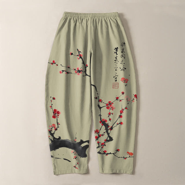 Buddha Stones Pantaloni da uomo affusolati con coulisse e tasche, in puro cotone, con motivo a fiori di pruno e scritta calligrafica. - image 14