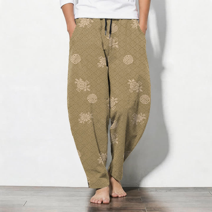 Buddha Stones Pantaloni da uomo affusolati in puro cotone con motivo a medaglione floreale e coulisse, con tasche. - Tan - US/UK/AU50, EU60 (5XL) - image 0