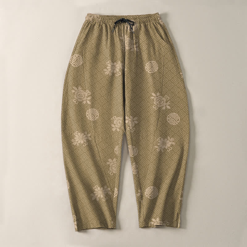 Buddha Stones Pantaloni da uomo affusolati in puro cotone con motivo a medaglione floreale e coulisse, con tasche. - image 2