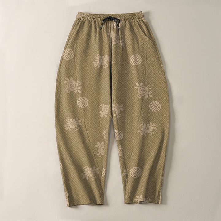 Buddha Stones Pantaloni da uomo affusolati in puro cotone con motivo a medaglione floreale e coulisse, con tasche. - image 2