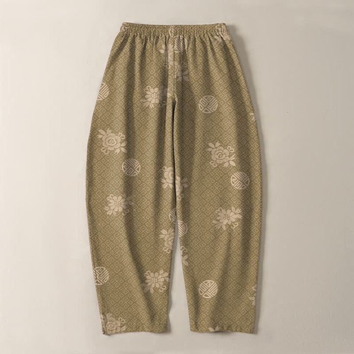 Buddha Stones Pantaloni da uomo affusolati in puro cotone con motivo a medaglione floreale e coulisse, con tasche. - image 3