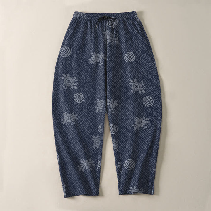 Buddha Stones Pantaloni da uomo affusolati in puro cotone con motivo a medaglione floreale e coulisse, con tasche. - image 9