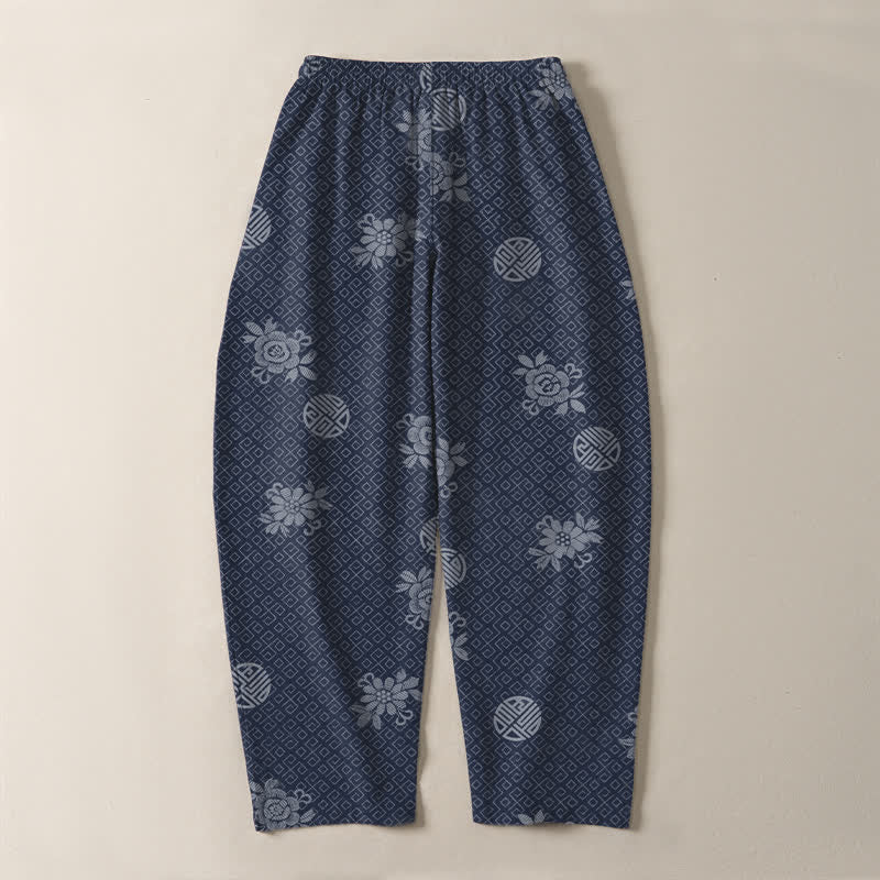 Buddha Stones Pantaloni da uomo affusolati in puro cotone con motivo a medaglione floreale e coulisse, con tasche. - image 10