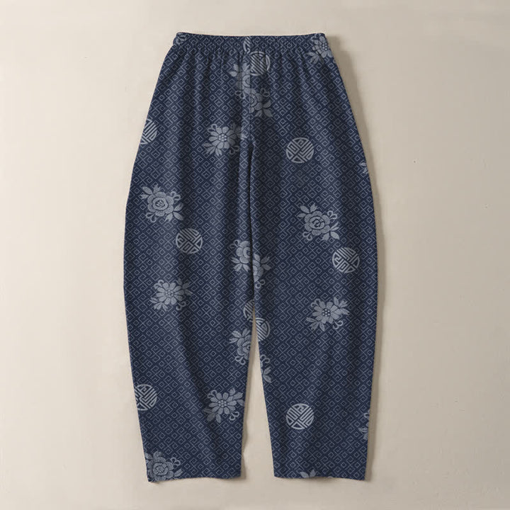 Buddha Stones Pantaloni da uomo affusolati in puro cotone con motivo a medaglione floreale e coulisse, con tasche. - image 10