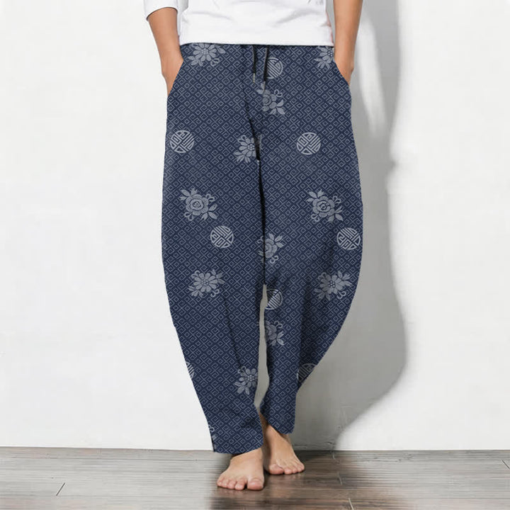 Buddha Stones Pantaloni da uomo affusolati in puro cotone con motivo a medaglione floreale e coulisse, con tasche. - Marina - US/UK/AU50, EU60 (5XL) - image 7