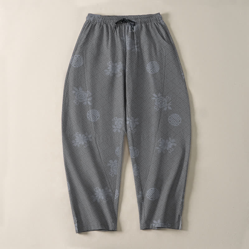 Buddha Stones Pantaloni da uomo affusolati in puro cotone con motivo a medaglione floreale e coulisse, con tasche. - image 13