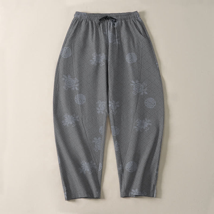 Buddha Stones Pantaloni da uomo affusolati in puro cotone con motivo a medaglione floreale e coulisse, con tasche. - image 13