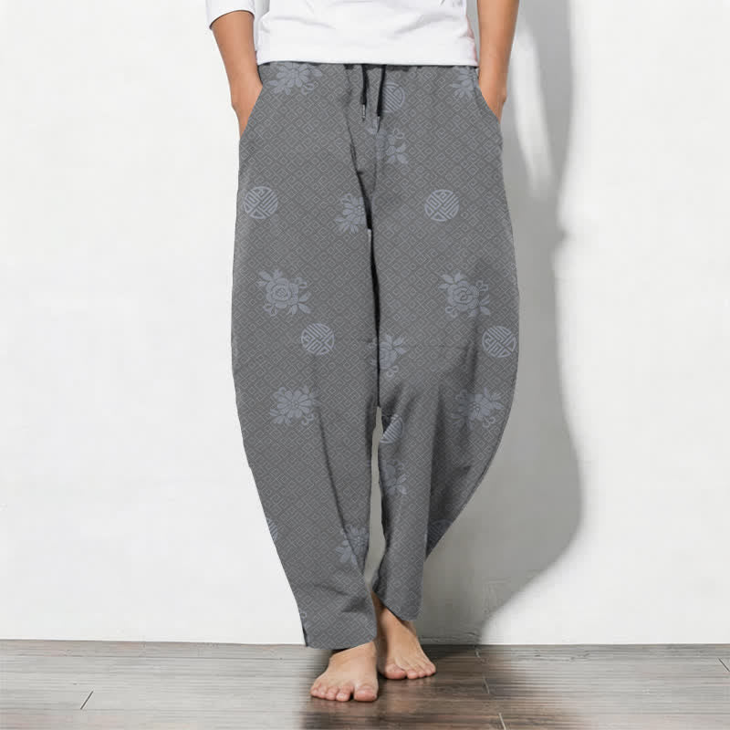 Buddha Stones Pantaloni da uomo affusolati in puro cotone con motivo a medaglione floreale e coulisse, con tasche. - Grigio scuro - US/UK/AU50, EU60 (5XL) - image 11