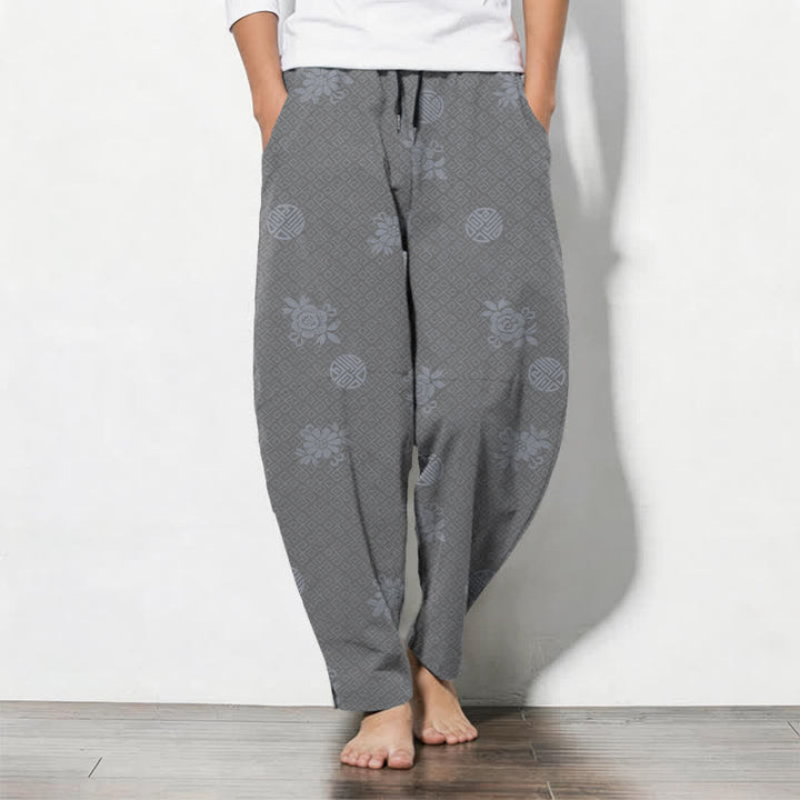 Buddha Stones Pantaloni da uomo affusolati in puro cotone con motivo a medaglione floreale e coulisse, con tasche. - Grigio scuro - US/UK/AU50, EU60 (5XL) - image 11
