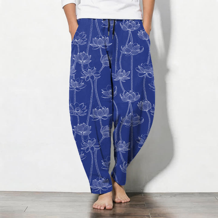 Buddha Stones Pantaloni da uomo affusolati con coulisse e tasche, in puro cotone bianco con motivo a loto stilizzato. - Blu reale - US/UK/AU50, EU60 (5XL) - image 0