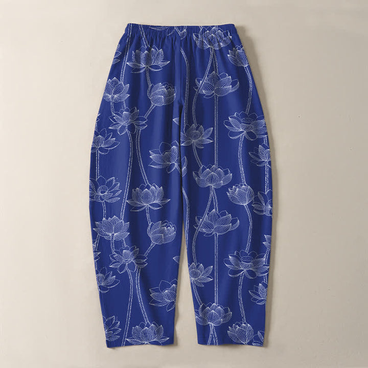 Buddha Stones Pantaloni da uomo affusolati con coulisse e tasche, in puro cotone bianco con motivo a loto stilizzato. - image 3