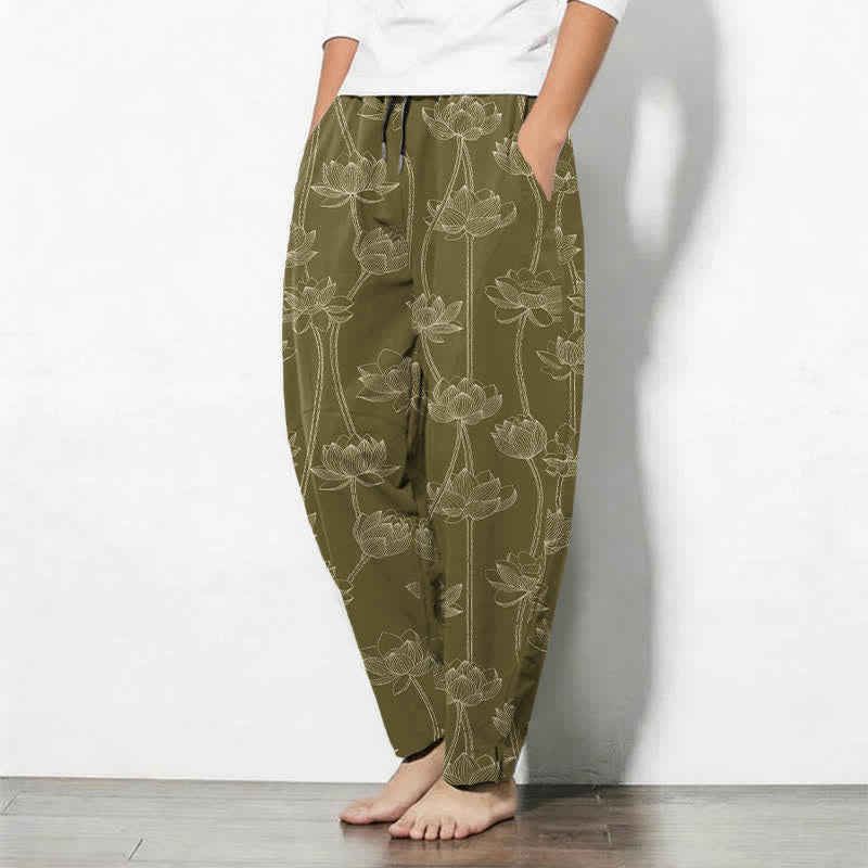 Buddha Stones Pantaloni da uomo affusolati con coulisse e tasche, in puro cotone bianco con motivo a loto stilizzato. - image 8