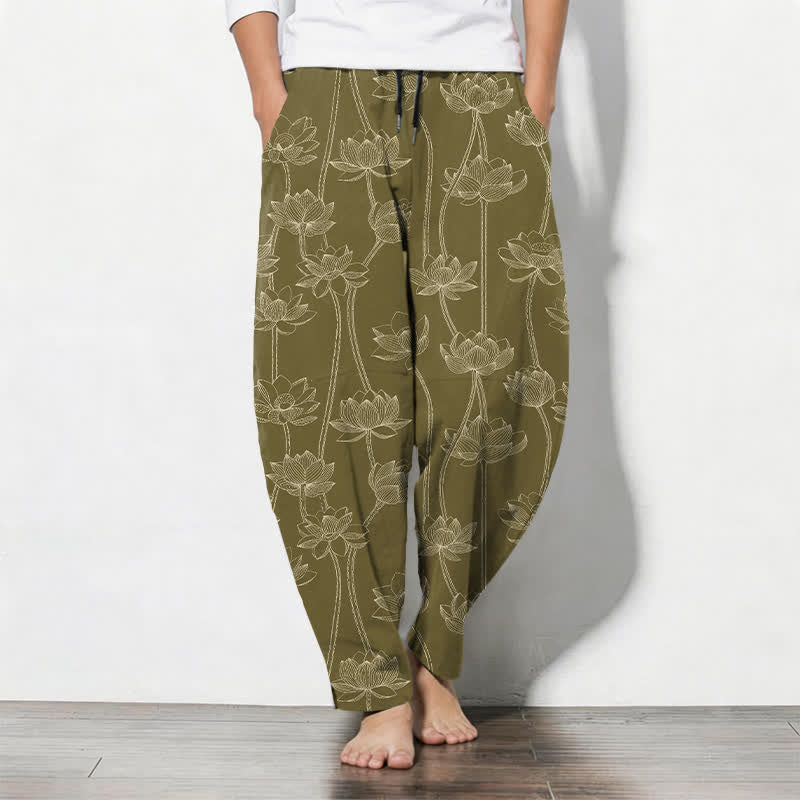 Buddha Stones Pantaloni da uomo affusolati con coulisse e tasche, in puro cotone bianco con motivo a loto stilizzato. - Oliva - US/UK/AU50, EU60 (5XL) - image 7