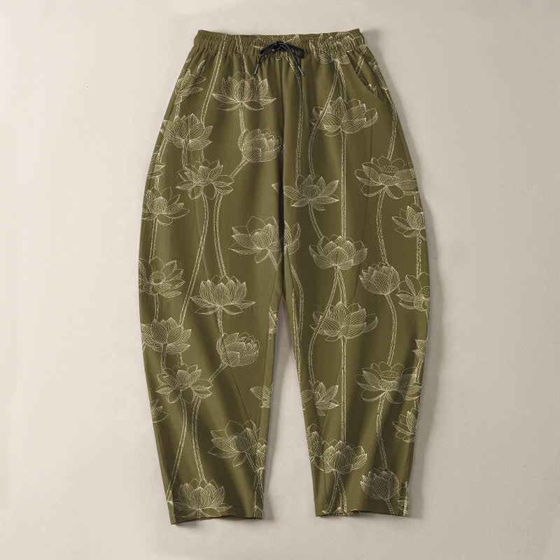 Buddha Stones Pantaloni da uomo affusolati con coulisse e tasche, in puro cotone bianco con motivo a loto stilizzato. - image 9