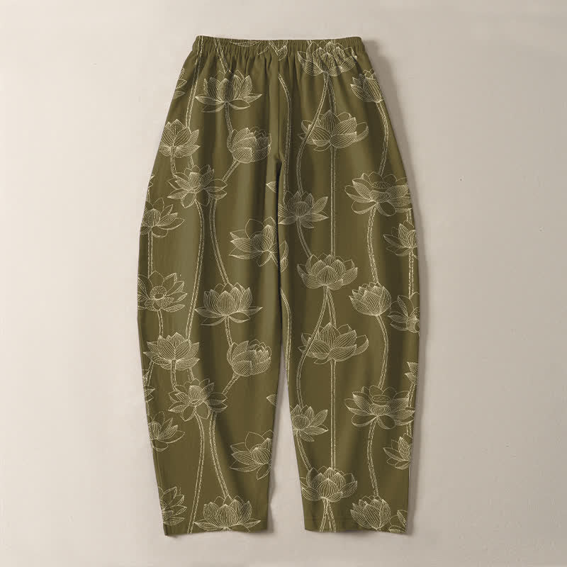 Buddha Stones Pantaloni da uomo affusolati con coulisse e tasche, in puro cotone bianco con motivo a loto stilizzato. - image 10