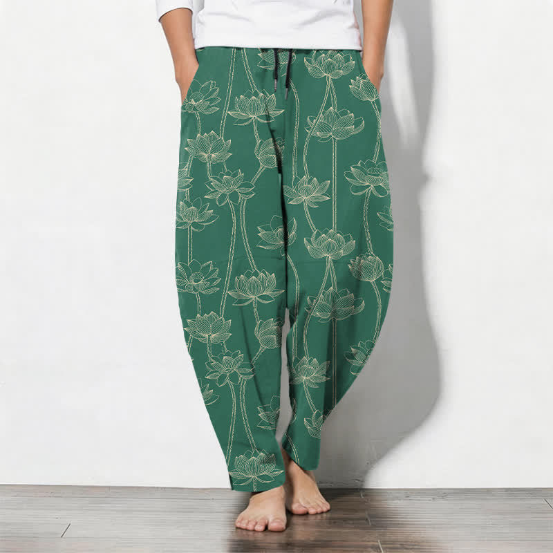 Buddha Stones Pantaloni da uomo affusolati con coulisse e tasche, in puro cotone bianco con motivo a loto stilizzato. - Verde mare - US/UK/AU50, EU60 (5XL) - image 11