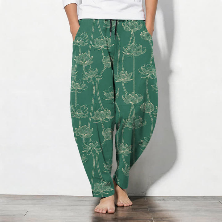 Buddha Stones Pantaloni da uomo affusolati con coulisse e tasche, in puro cotone bianco con motivo a loto stilizzato. - Verde mare - US/UK/AU50, EU60 (5XL) - image 11