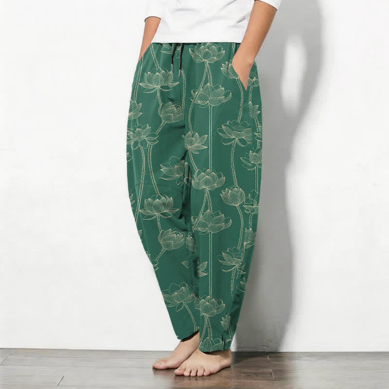 Buddha Stones Pantaloni da uomo affusolati con coulisse e tasche, in puro cotone bianco con motivo a loto stilizzato. - image 12