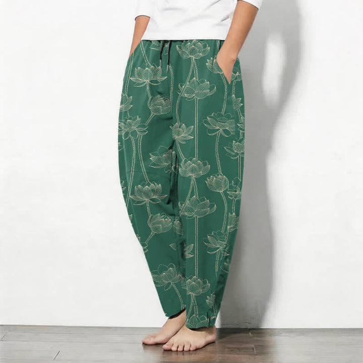 Buddha Stones Pantaloni da uomo affusolati con coulisse e tasche, in puro cotone bianco con motivo a loto stilizzato. - image 12