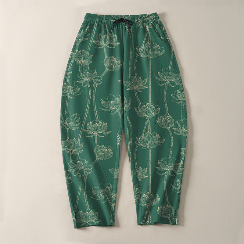 Buddha Stones Pantaloni da uomo affusolati con coulisse e tasche, in puro cotone bianco con motivo a loto stilizzato. - image 13