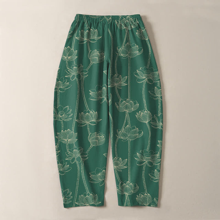 Buddha Stones Pantaloni da uomo affusolati con coulisse e tasche, in puro cotone bianco con motivo a loto stilizzato. - image 14