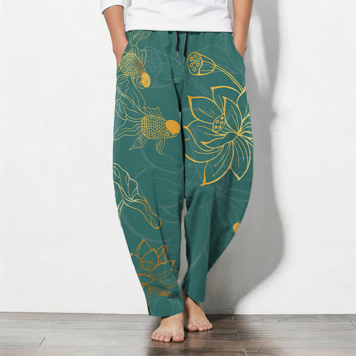 Buddha Stones Pantaloni da uomo affusolati in puro cotone con coulisse e motivo loto dorato e carpe koi, con tasche. - Verde acqua - US/UK/AU50, EU60 (5XL) - image 0