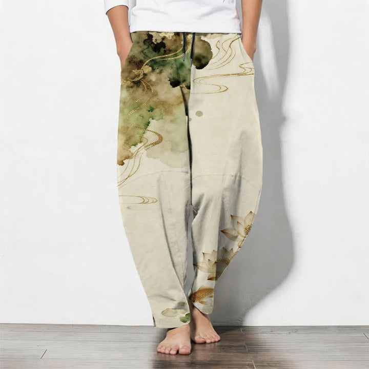 Buddha Stones Pantaloni da uomo affusolati con coulisse e tasche, in puro cotone con stampa Lotus Koi effetto inchiostro. - Beige - US/UK/AU50, EU60 (5XL) - image 7