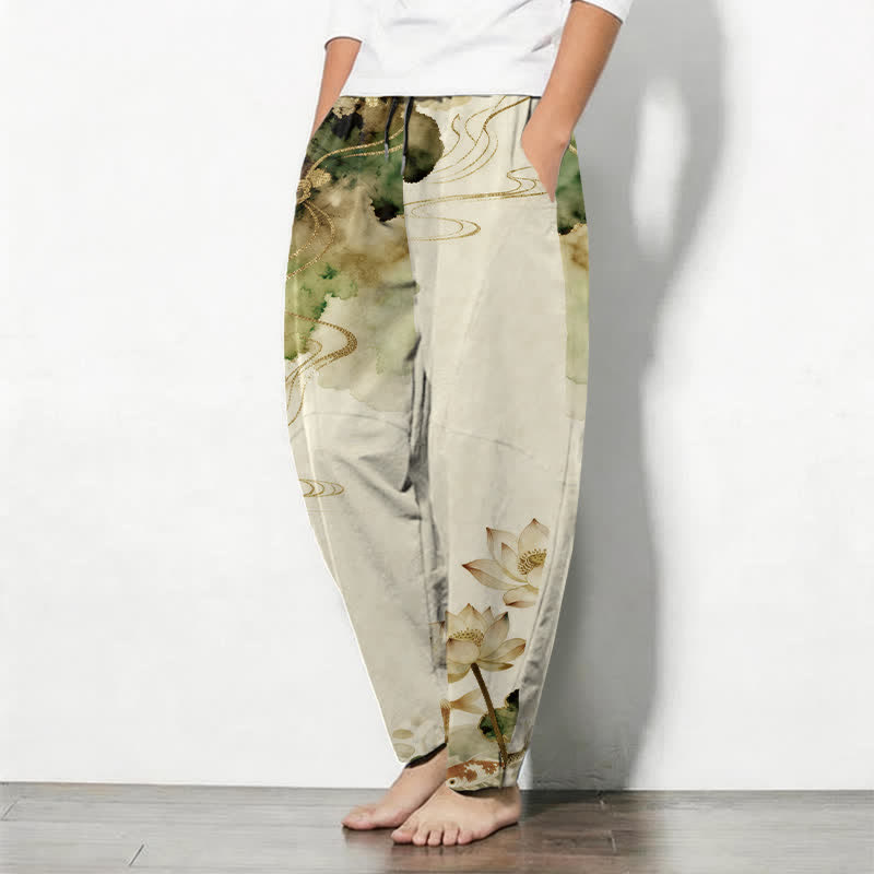 Buddha Stones Pantaloni da uomo affusolati con coulisse e tasche, in puro cotone con stampa Lotus Koi effetto inchiostro. - image 8