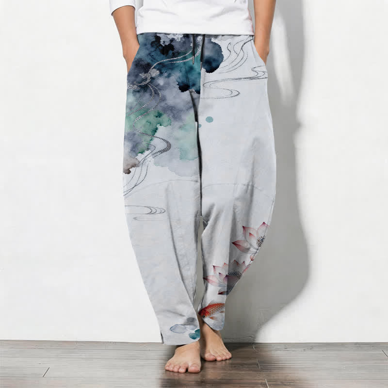Buddha Stones Pantaloni da uomo affusolati con coulisse e tasche, in puro cotone con stampa Lotus Koi effetto inchiostro. - AliceBlue - US/UK/AU50, EU60 (5XL) - image 11